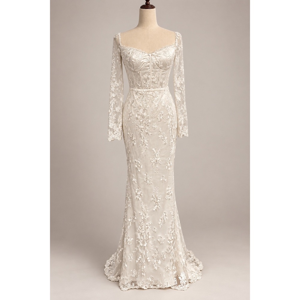 Lulus Wedding Dress Lace Corset Mermaid Floral Bridal Gown Romantic Boho sz M